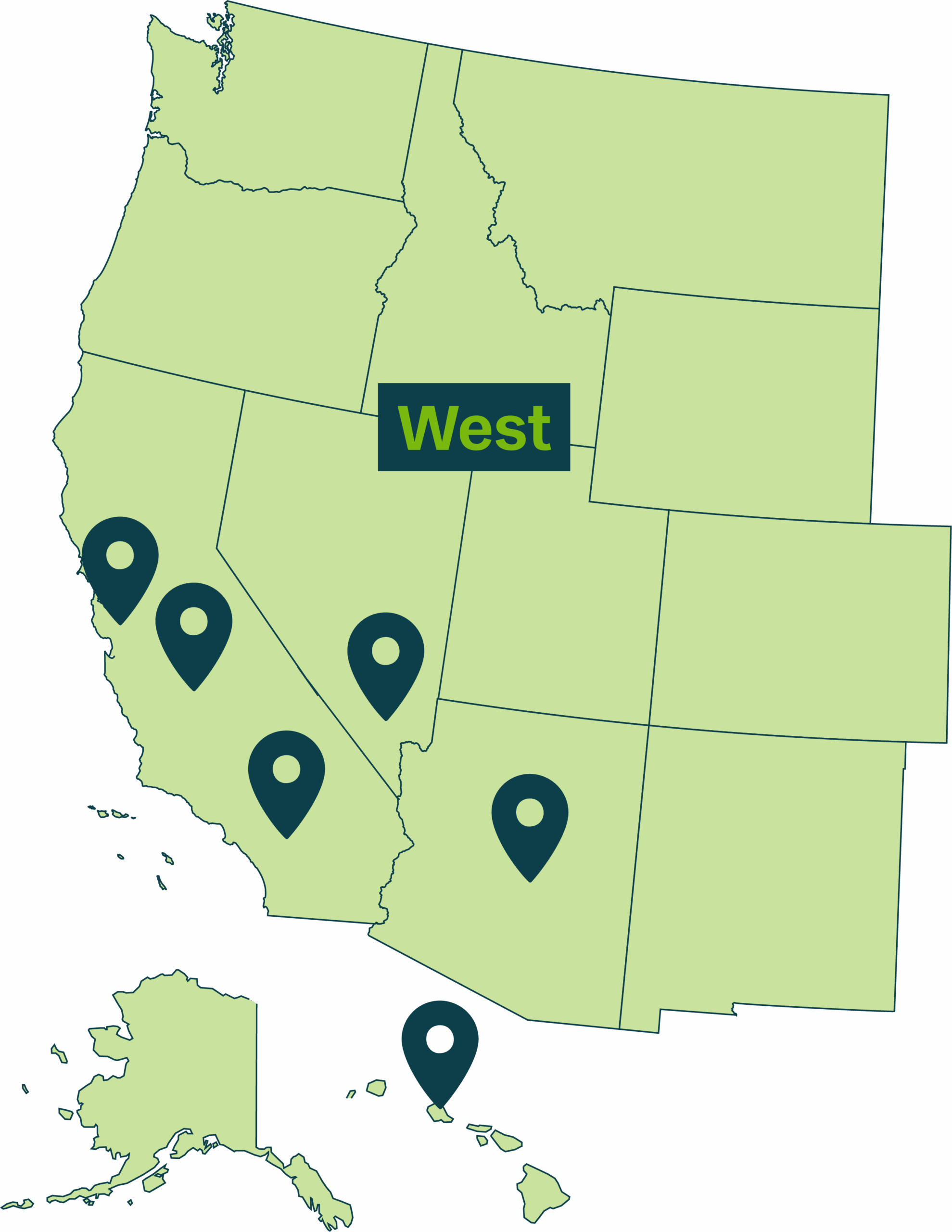 USSY Regional Map DECEMBER 2025 WEST map of baywa re warehouses in california, arizona, nevada, and hawaii
